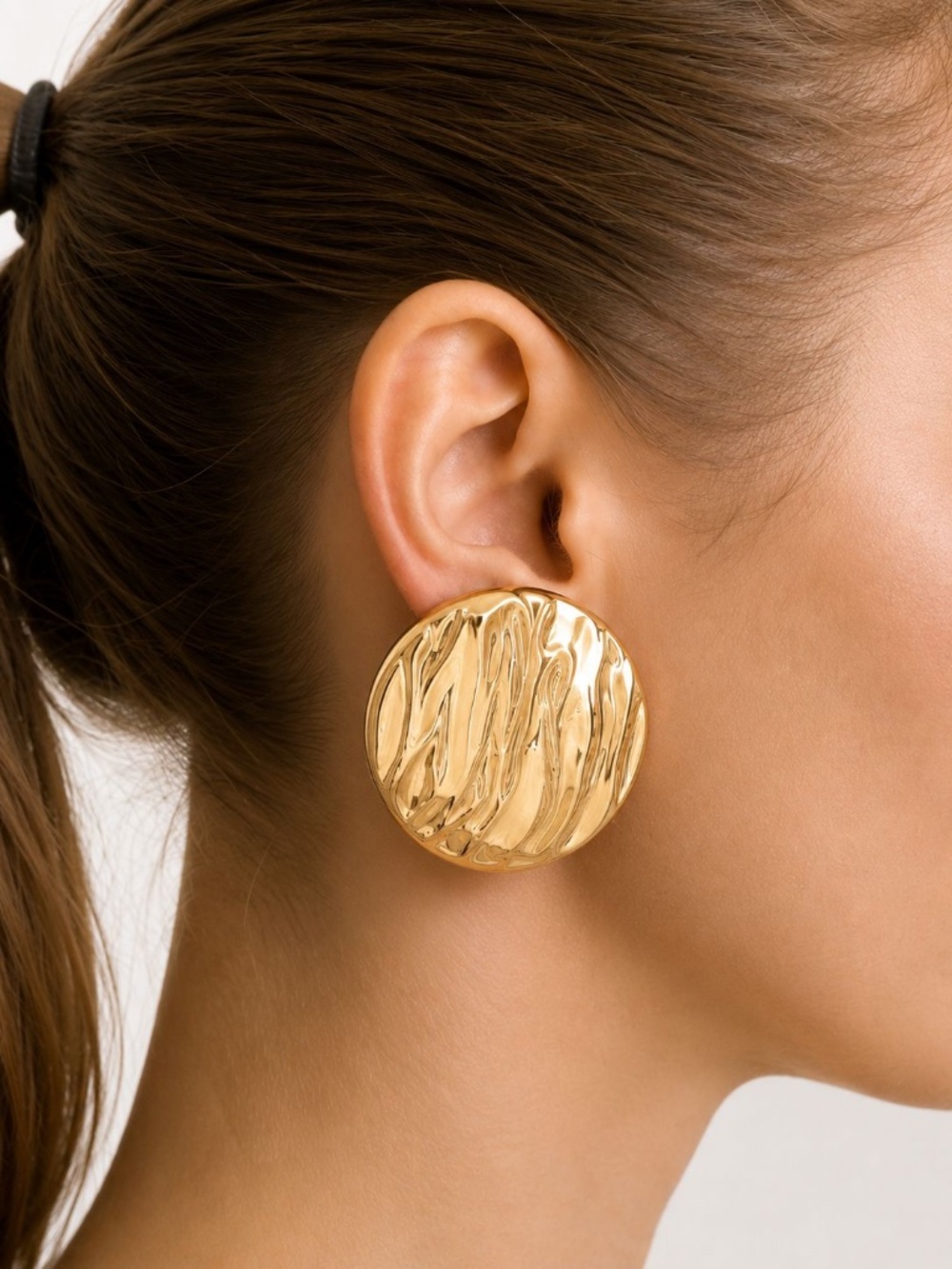 Large Gold Clip On Earrings, Textured Disc Statement Earrings, Oversized Vintage